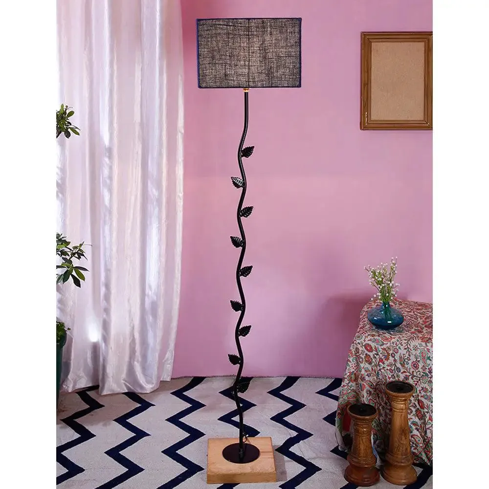 Leaf Floor Lamp with Wood Square Base & Jute Shade Blue