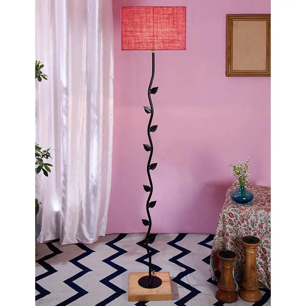 Leaf Floor Lamp with Wood Square Base & Jute Shade Blue