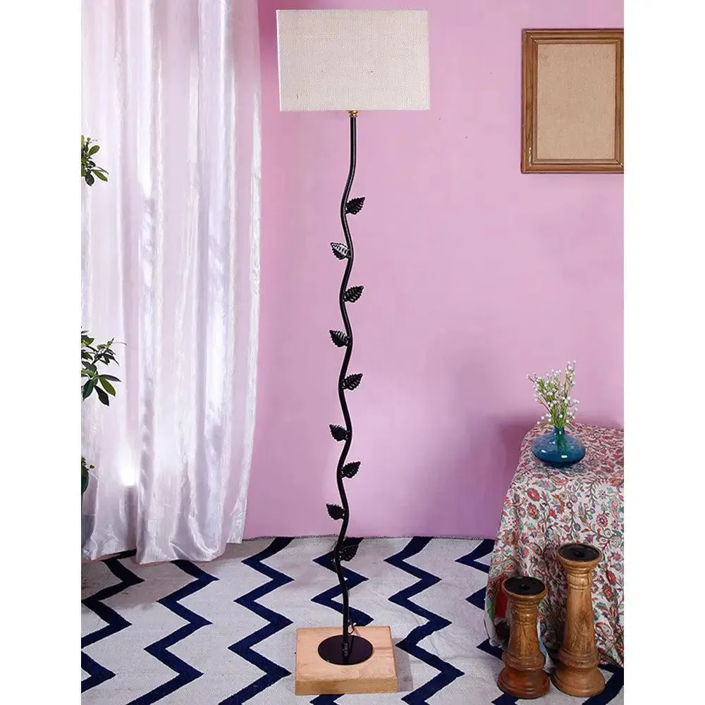 Leaf Floor Lamp with Wood Square Base & Jute Shade Blue