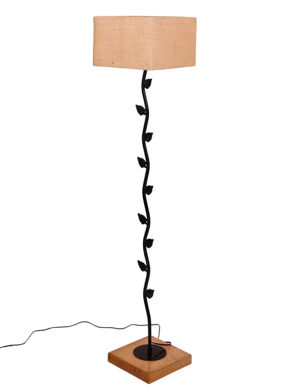 Leaf Floor Lamp with Wood Square Base & Jute Shade Blue