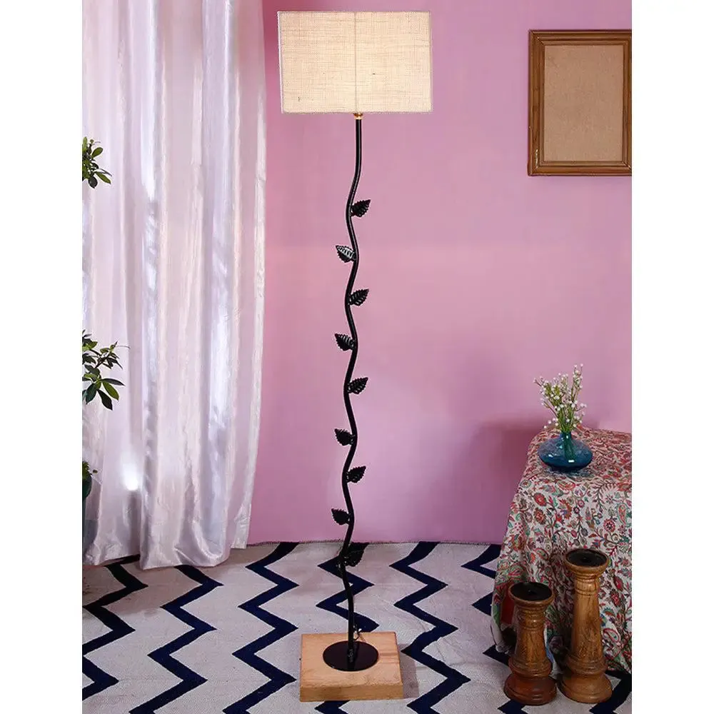 Leaf Floor Lamp with Wood Square Base & Jute Shade Blue
