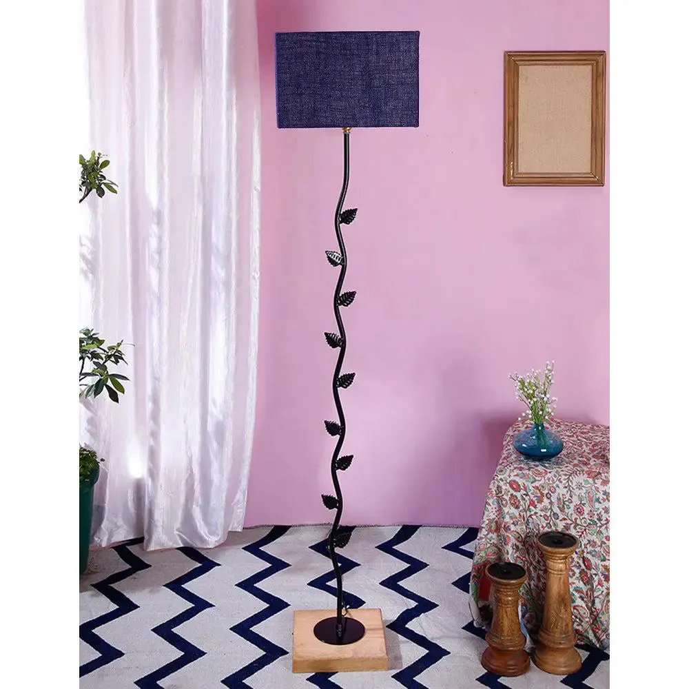 Leaf Floor Lamp with Wood Square Base & Jute Shade Blue