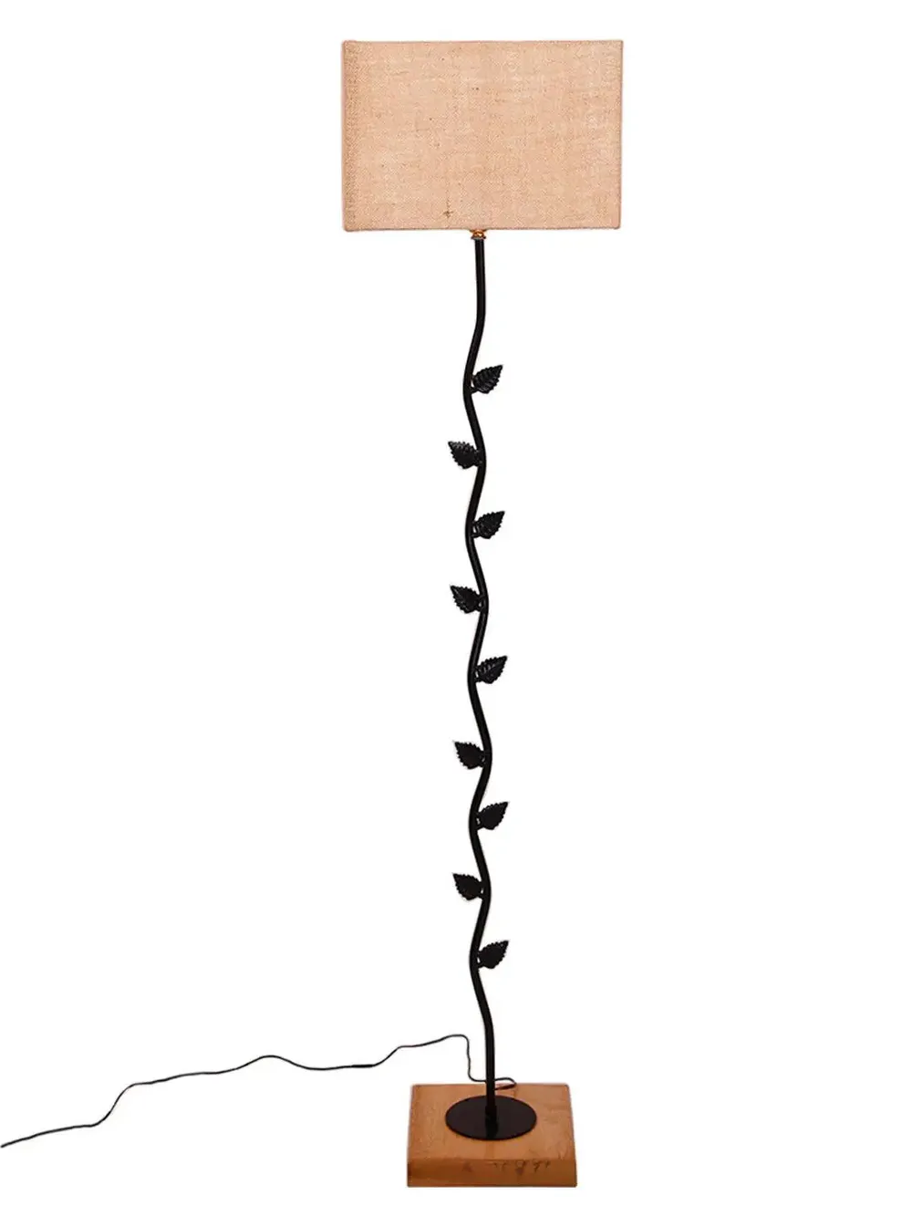 Leaf Floor Lamp with Wood Square Base & Jute Shade Blue