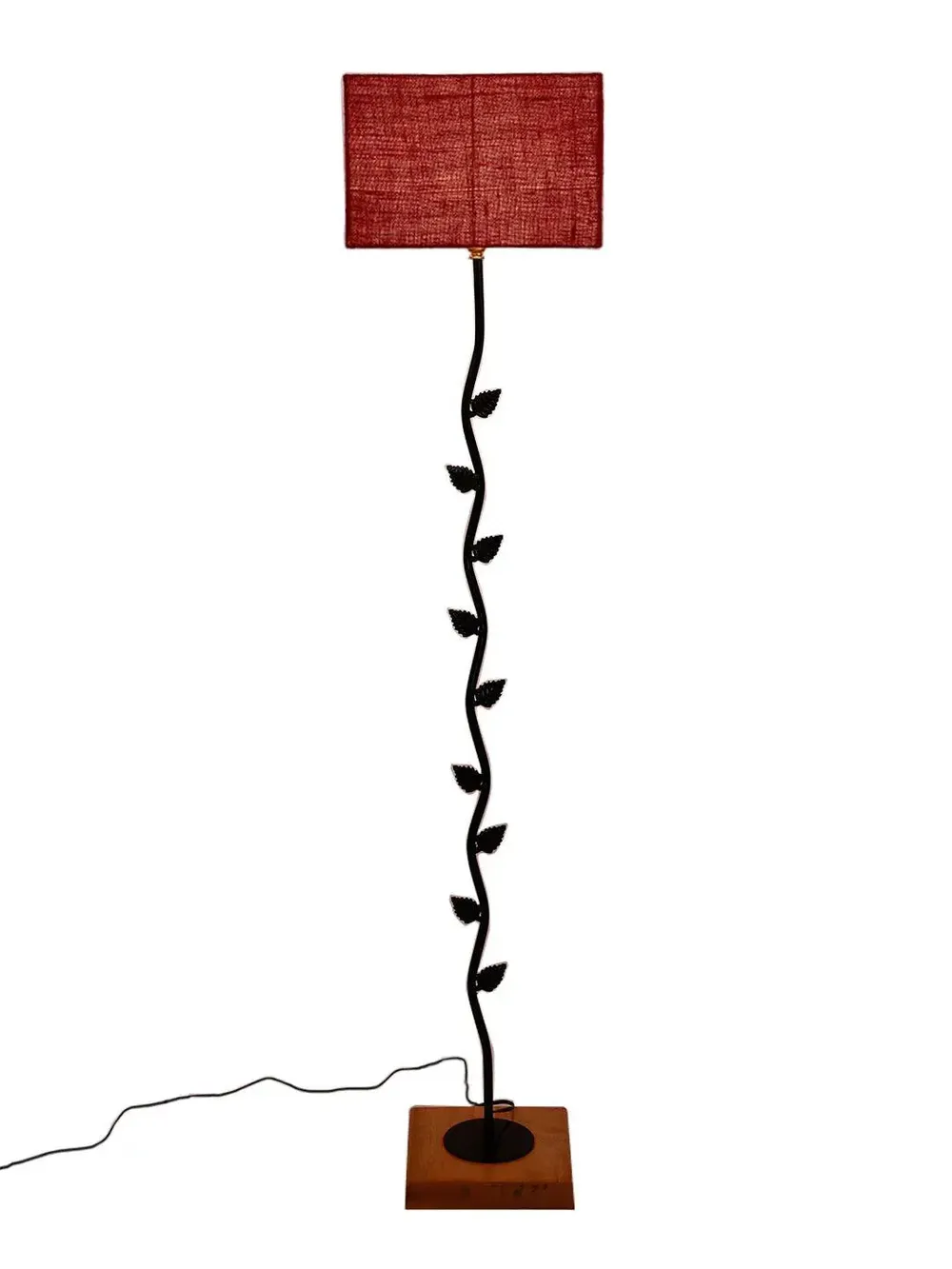 Leaf Floor Lamp with Wood Square Base & Jute Shade Blue