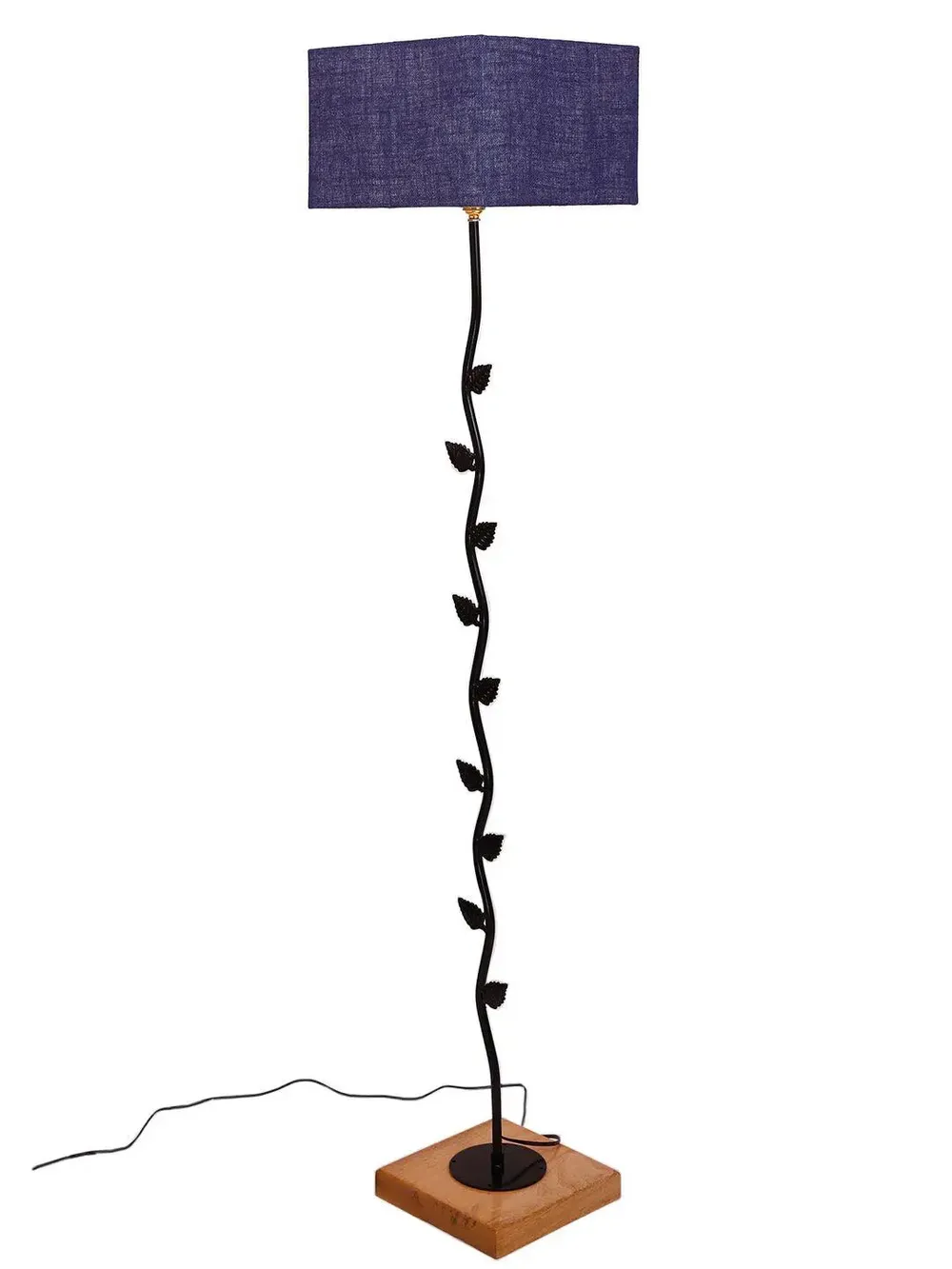 Leaf Floor Lamp with Wood Square Base & Jute Shade Blue