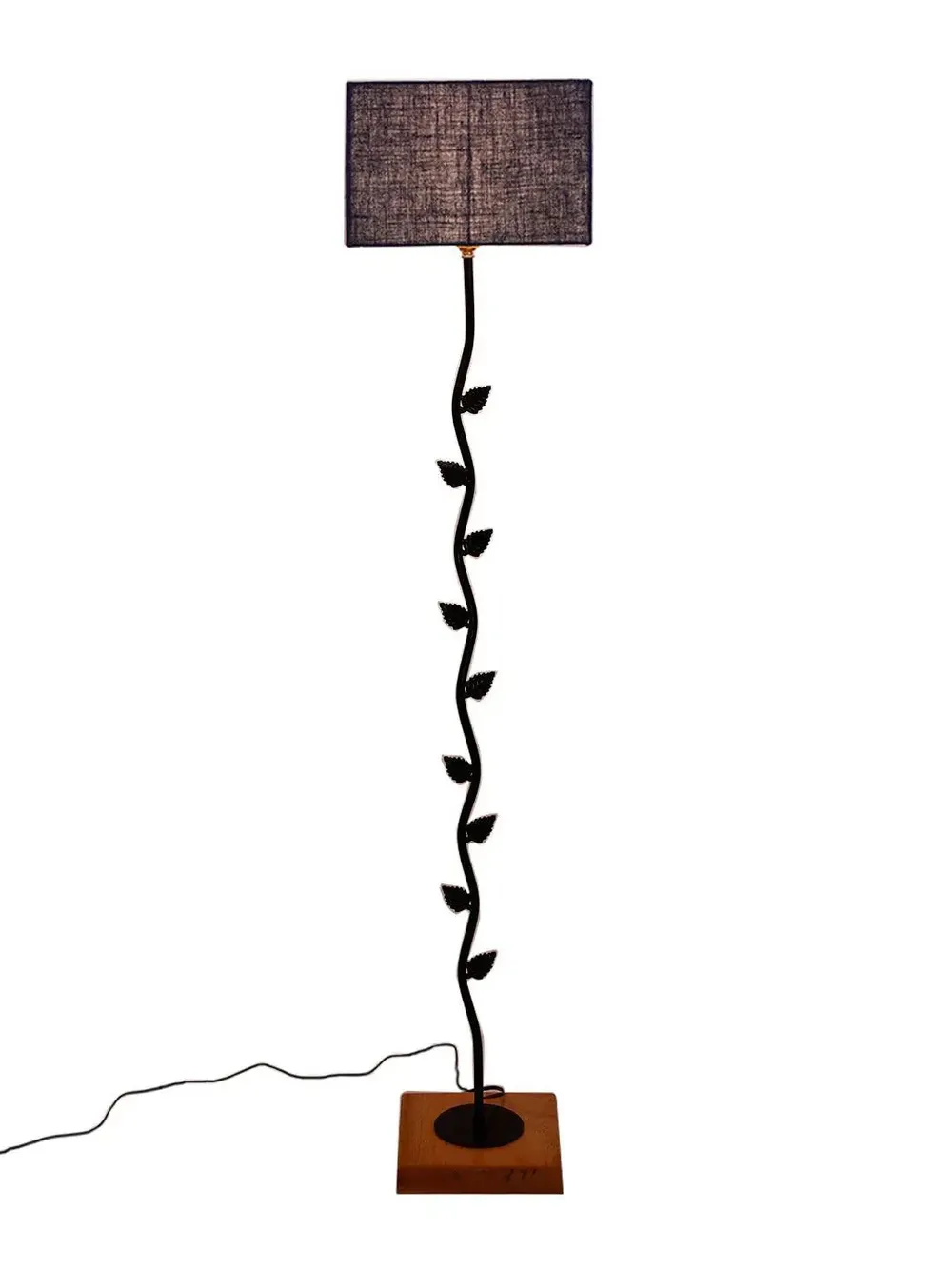 Leaf Floor Lamp with Wood Square Base & Jute Shade Blue