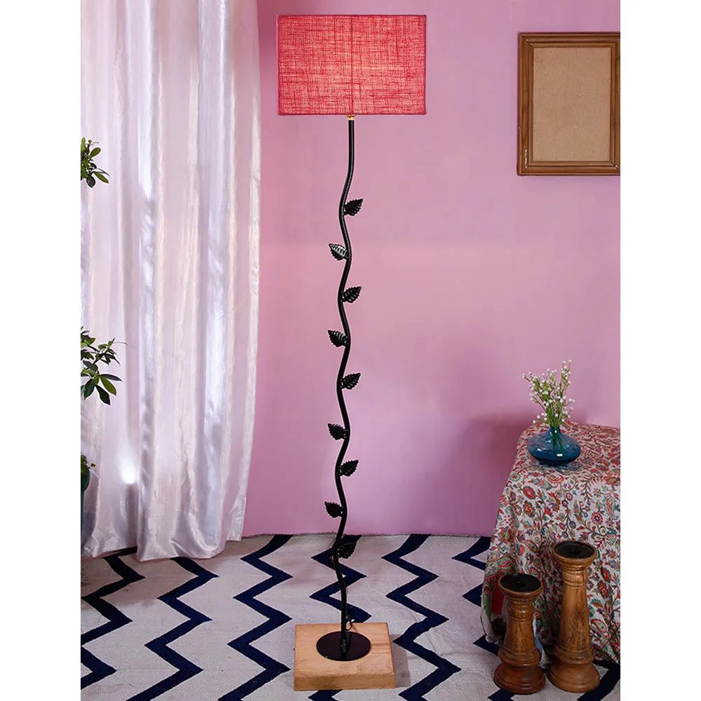 Leaf Floor Lamp with Wood Square Base & Jute Shade Blue