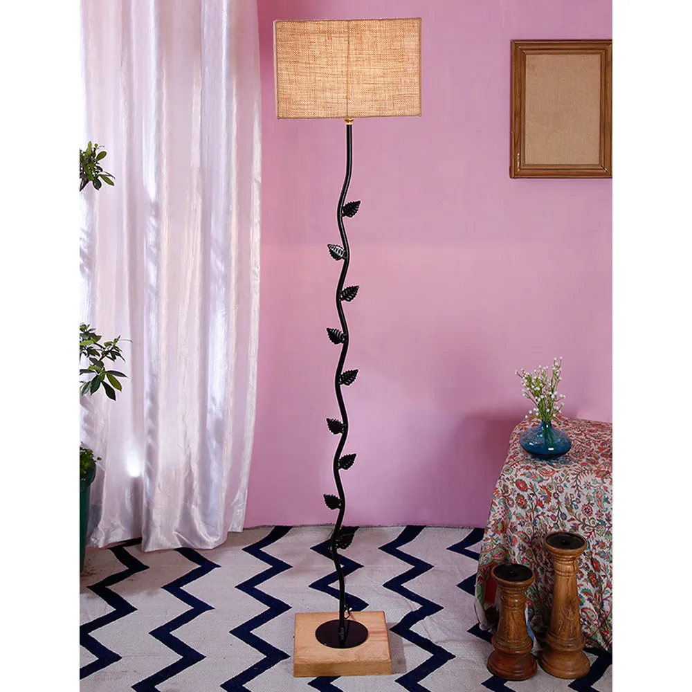 Leaf Floor Lamp with Wood Square Base & Jute Shade Blue