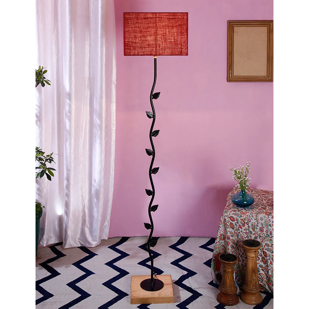 Leaf Floor Lamp with Wood Square Base & Jute Shade Blue