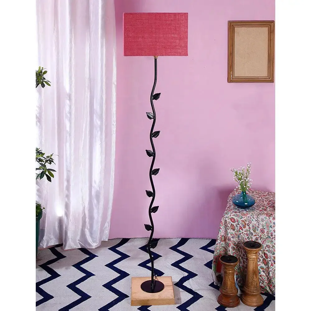Leaf Floor Lamp with Wood Square Base & Jute Shade Blue