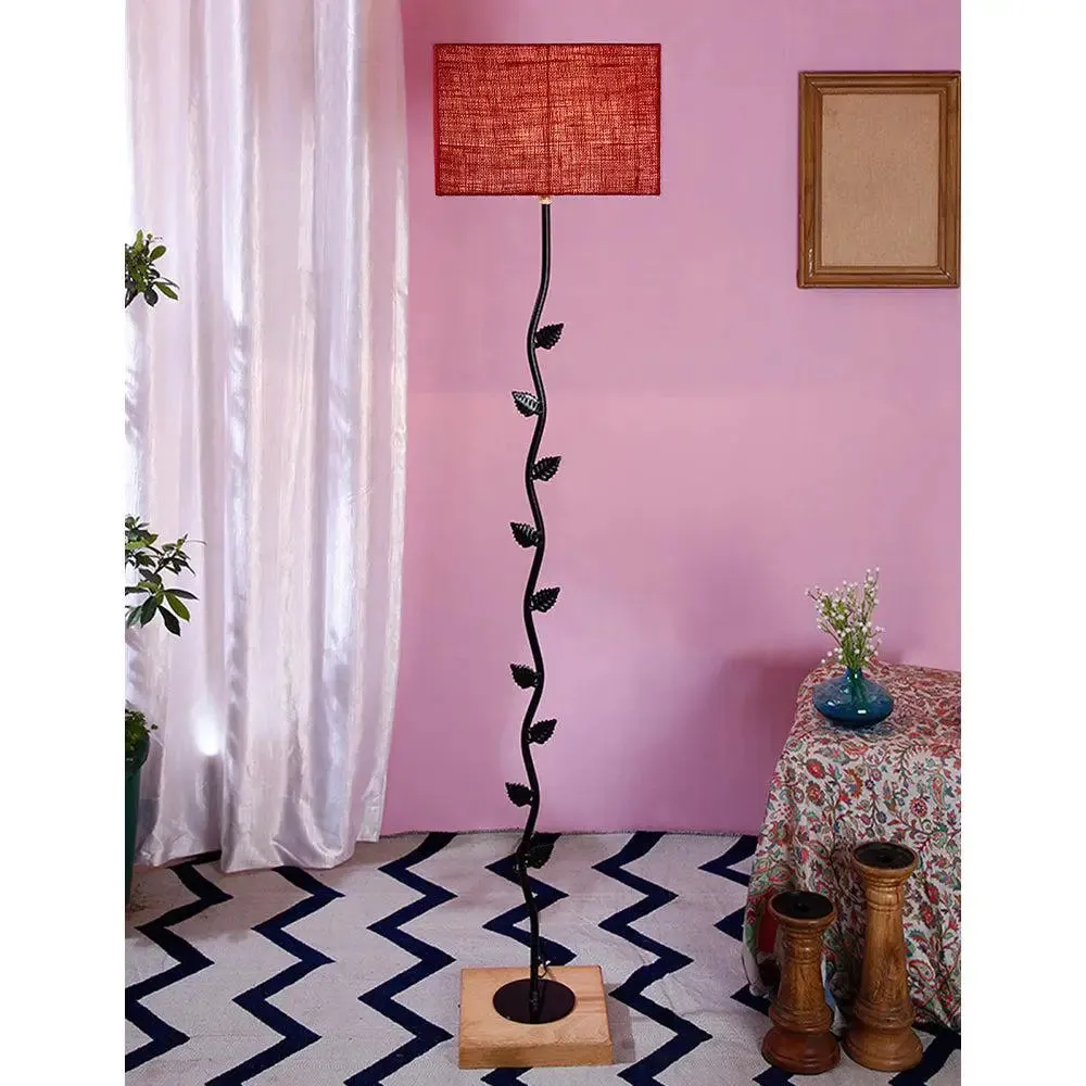 Leaf Floor Lamp with Wood Square Base & Jute Shade Blue