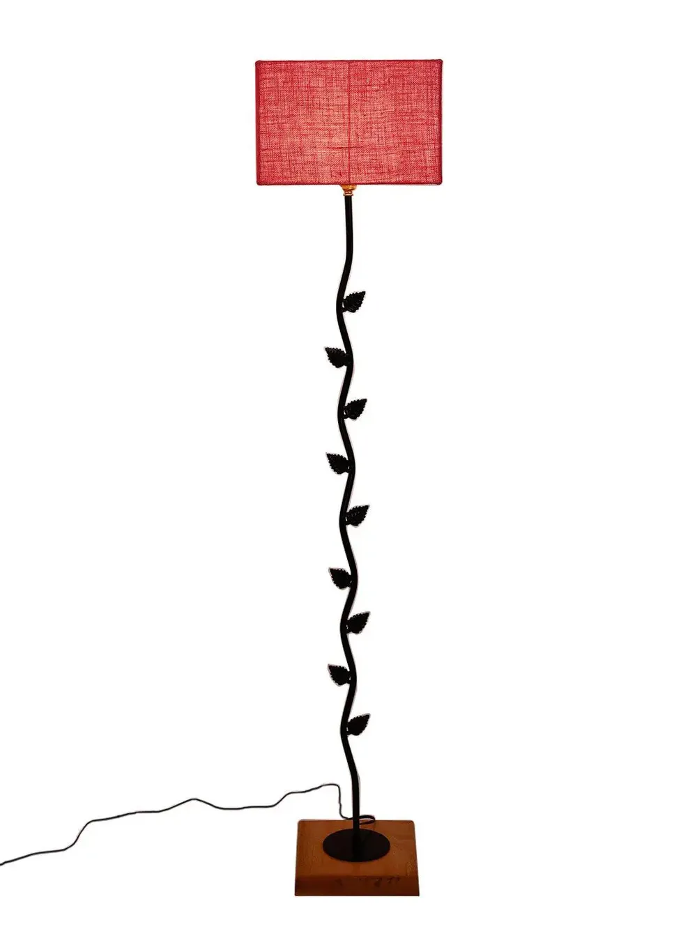 Leaf Floor Lamp with Wood Square Base & Jute Shade Blue