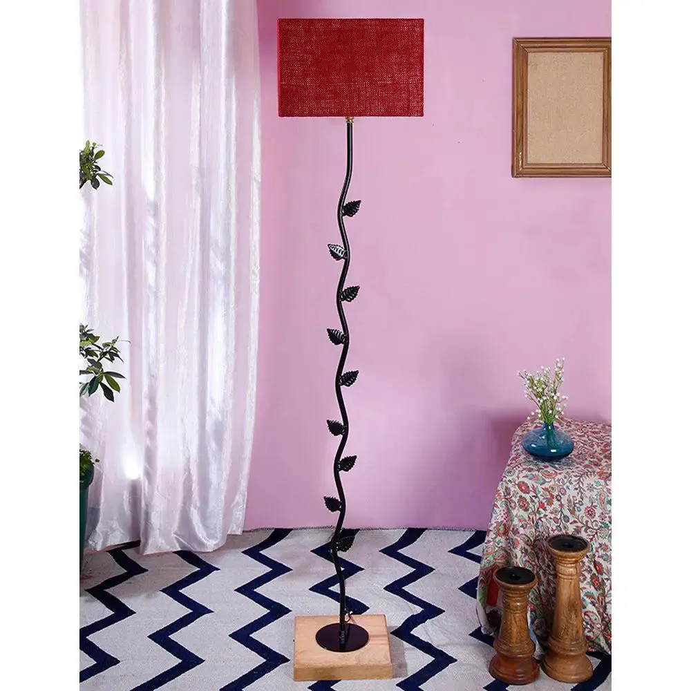 Leaf Floor Lamp with Wood Square Base & Jute Shade Blue
