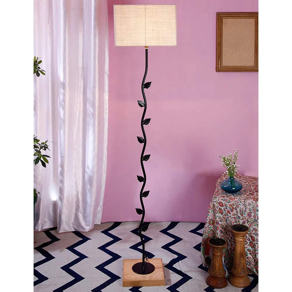 Leaf Floor Lamp with Wood Square Base & Jute Shade Blue