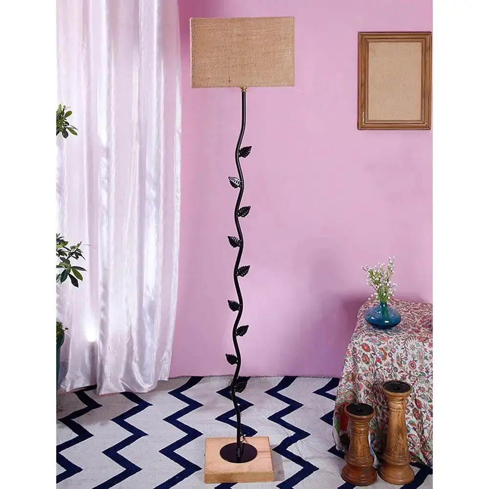 Leaf Floor Lamp with Wood Square Base & Jute Shade Blue