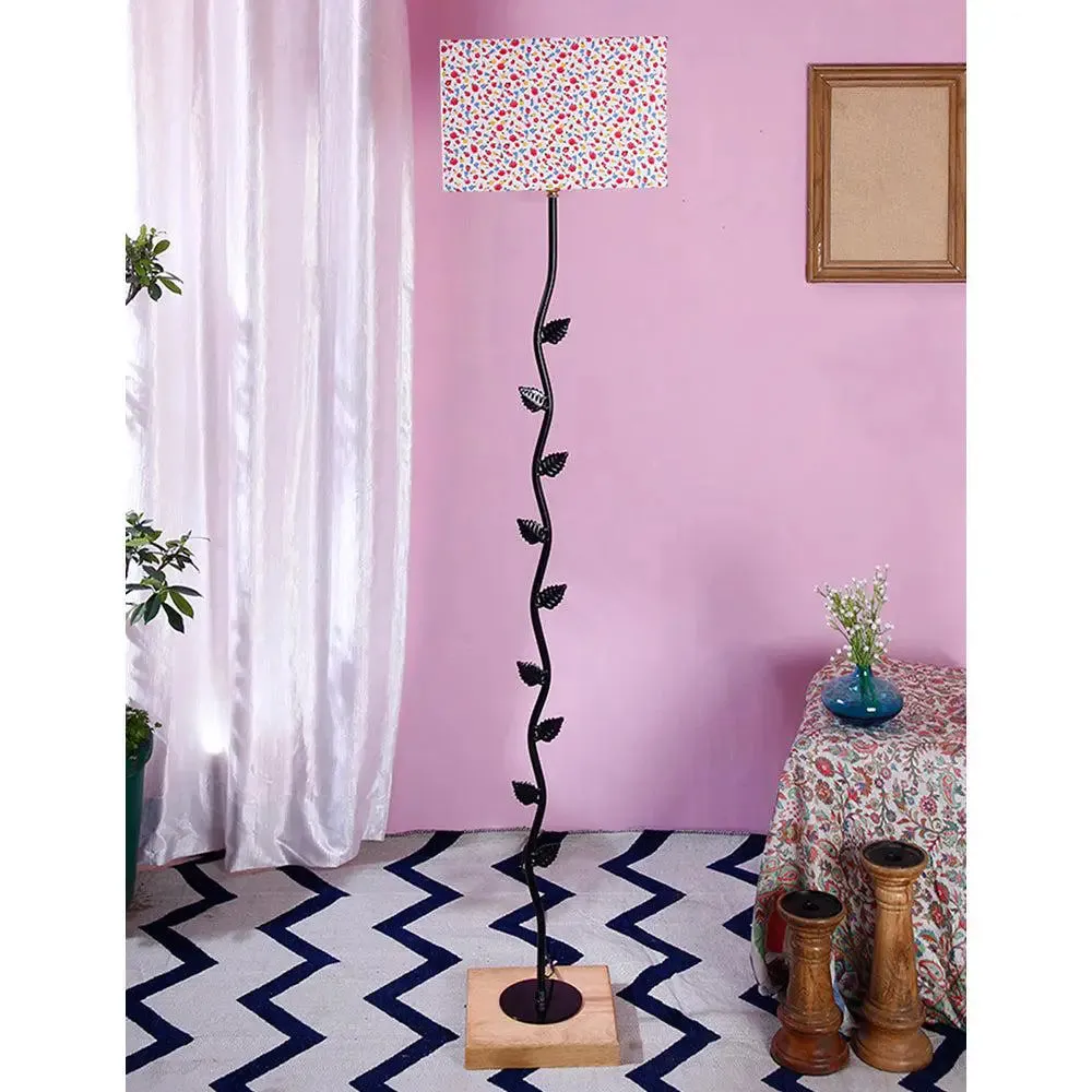 Leaf Floor Lamp with Wood Square Base & Multicolor Square Shade