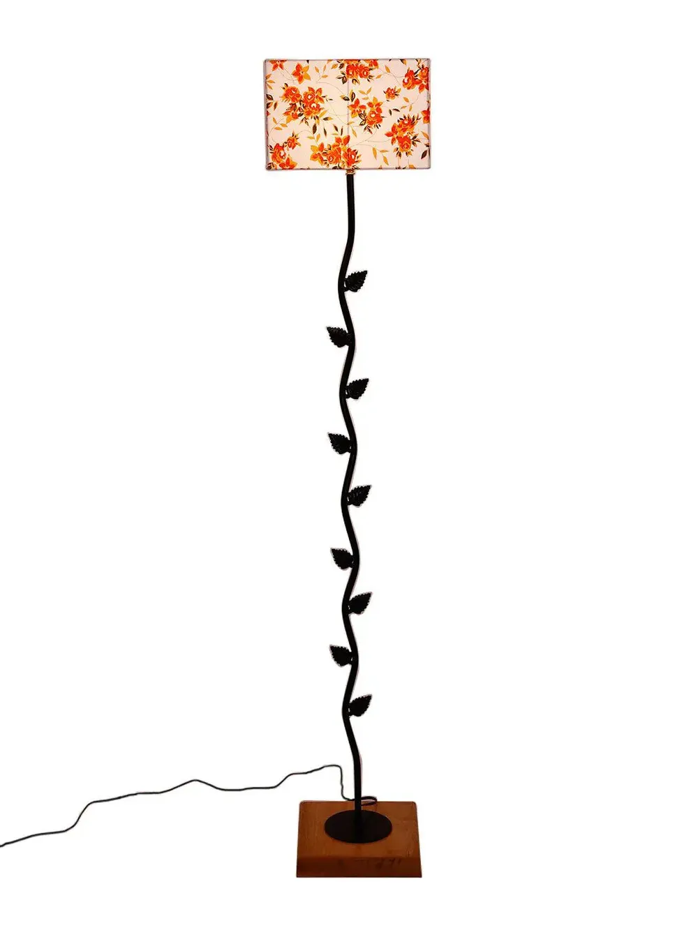 Leaf Floor Lamp with Wood Square Base & Orange Square Shade