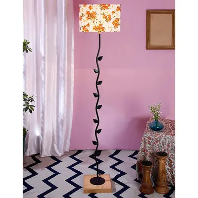 Leaf Floor Lamp with Wood Square Base & Orange Square Shade