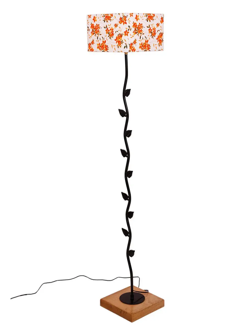 Leaf Floor Lamp with Wood Square Base & Orange Square Shade