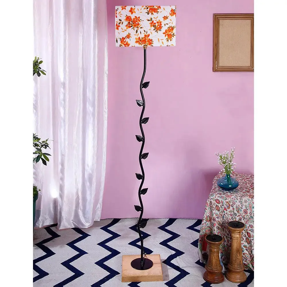 Leaf Floor Lamp with Wood Square Base & Orange Square Shade