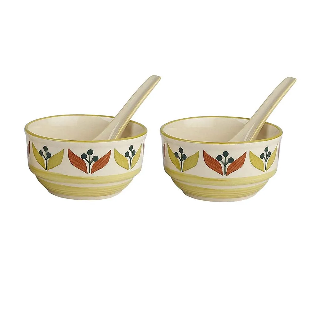 Leaf Printed Ceramic Soup Bowls With Spoons Set Of 2