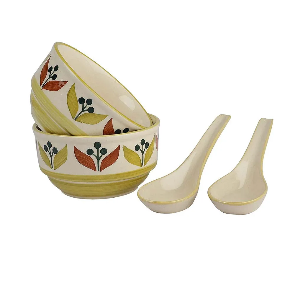 Leaf Printed Ceramic Soup Bowls With Spoons Set Of 2
