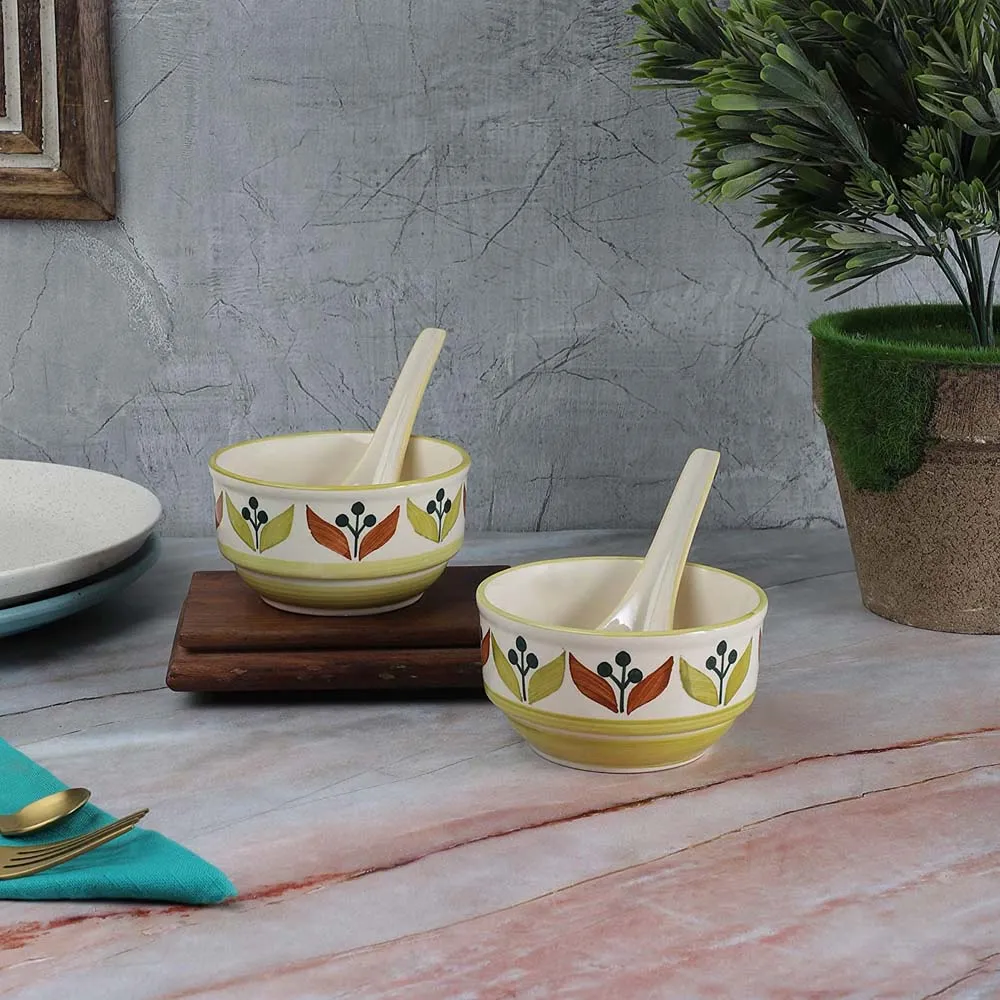 Leaf Printed Ceramic Soup Bowls With Spoons Set Of 2