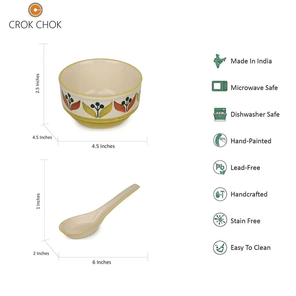 Leaf Printed Ceramic Soup Bowls With Spoons Set Of 2