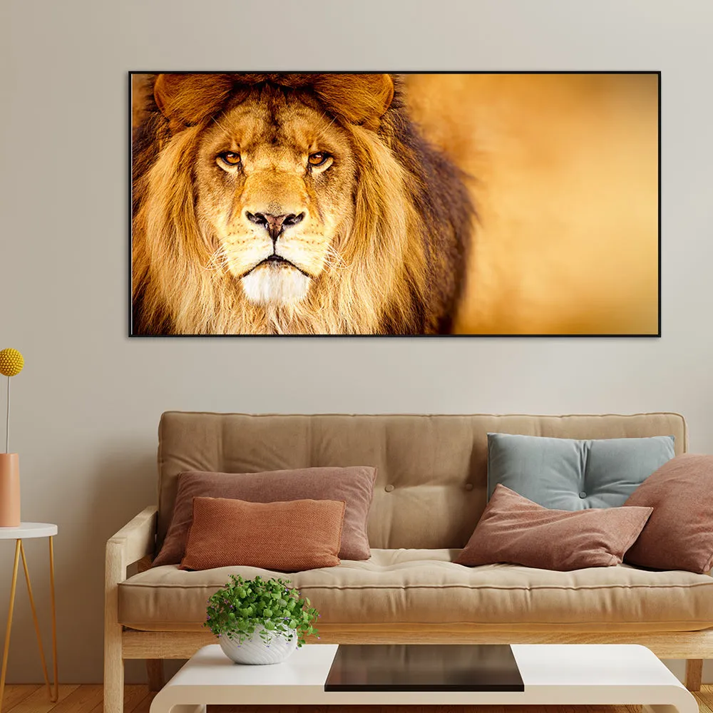 Life-Like African Male Lion Wall Portrait / Wildlife Painting With Frame