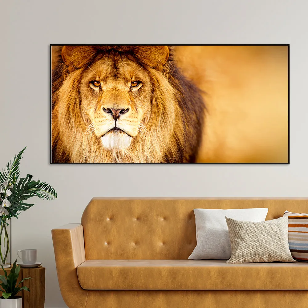 Life-Like African Male Lion Wall Portrait / Wildlife Painting With Frame
