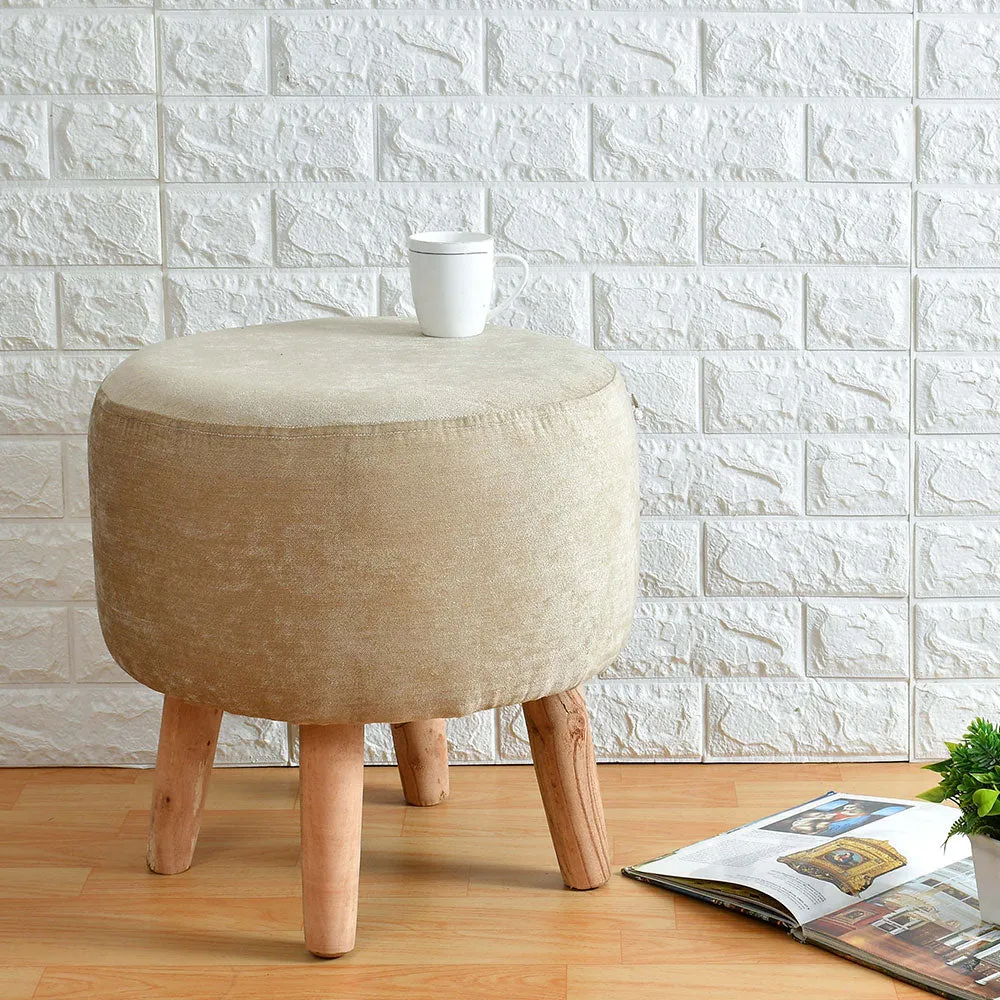 Light Beige Color Wooden Pouffe Stool Single Piece