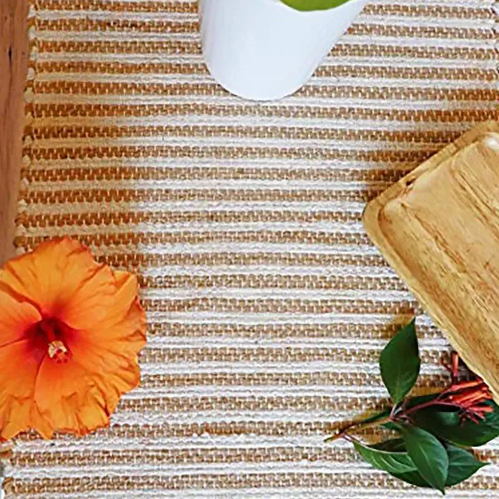 Light Beige Striped Jute & Cotton Table Runner