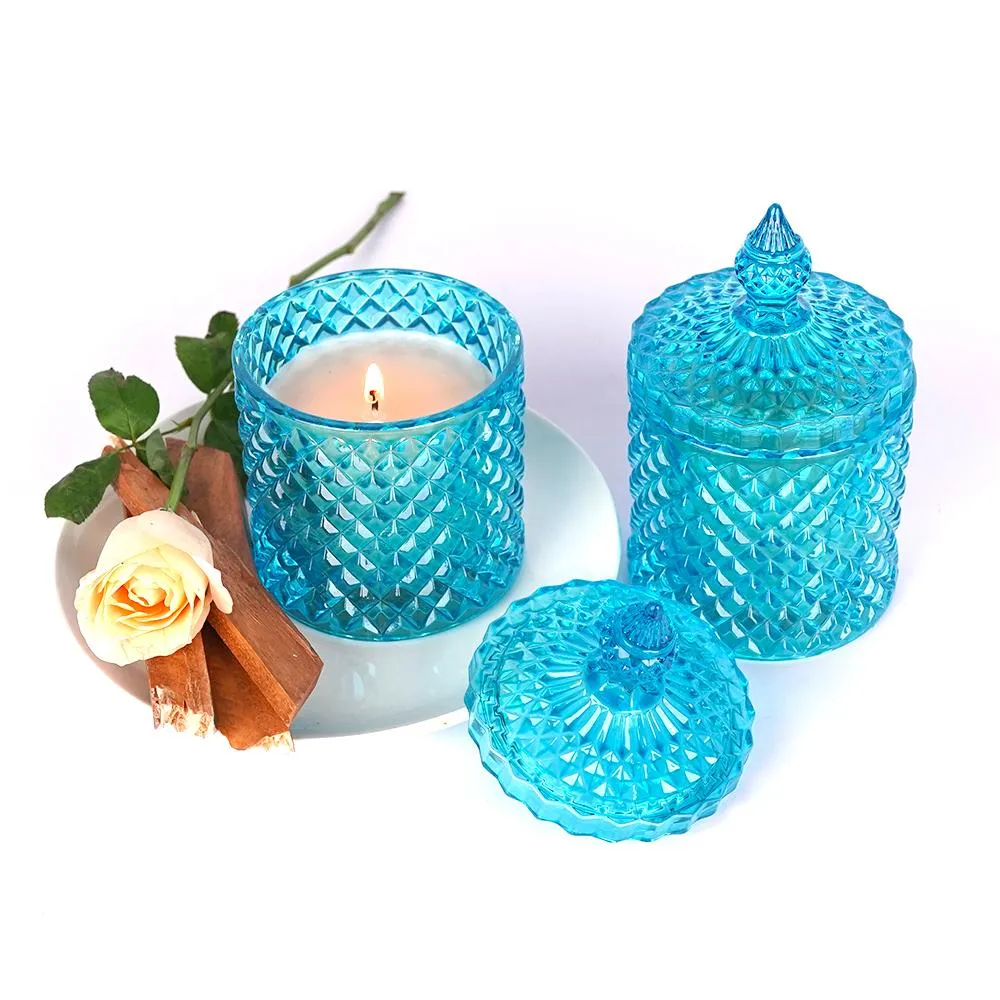 Light Blue Diamond-cut glass Scented Jar- Set of 2