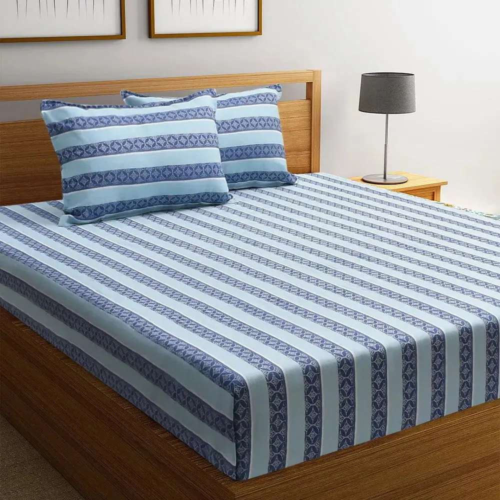 Light Blue Traditional Printed Striped Jacqard Queen Size Bedsheet With 2 Pillows Covers