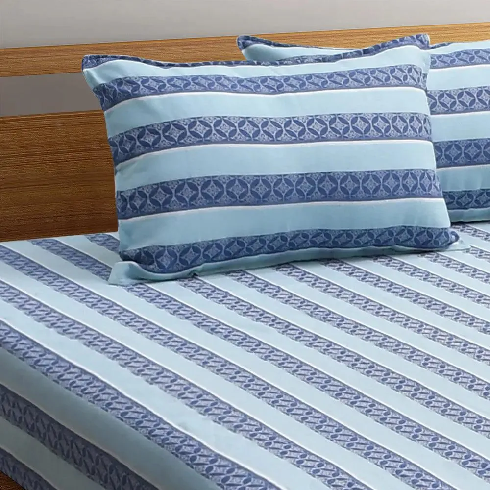 Light Blue Traditional Printed Striped Jacqard Queen Size Bedsheet With 2 Pillows Covers