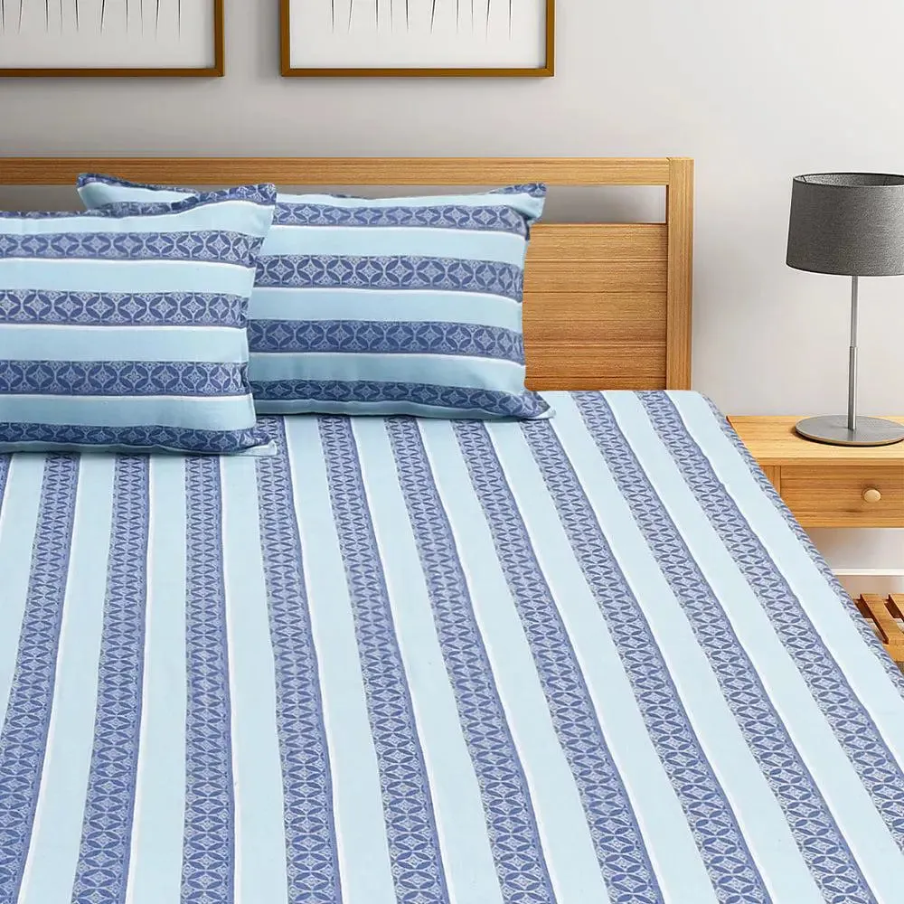 Light Blue Traditional Printed Striped Jacqard Queen Size Bedsheet With 2 Pillows Covers