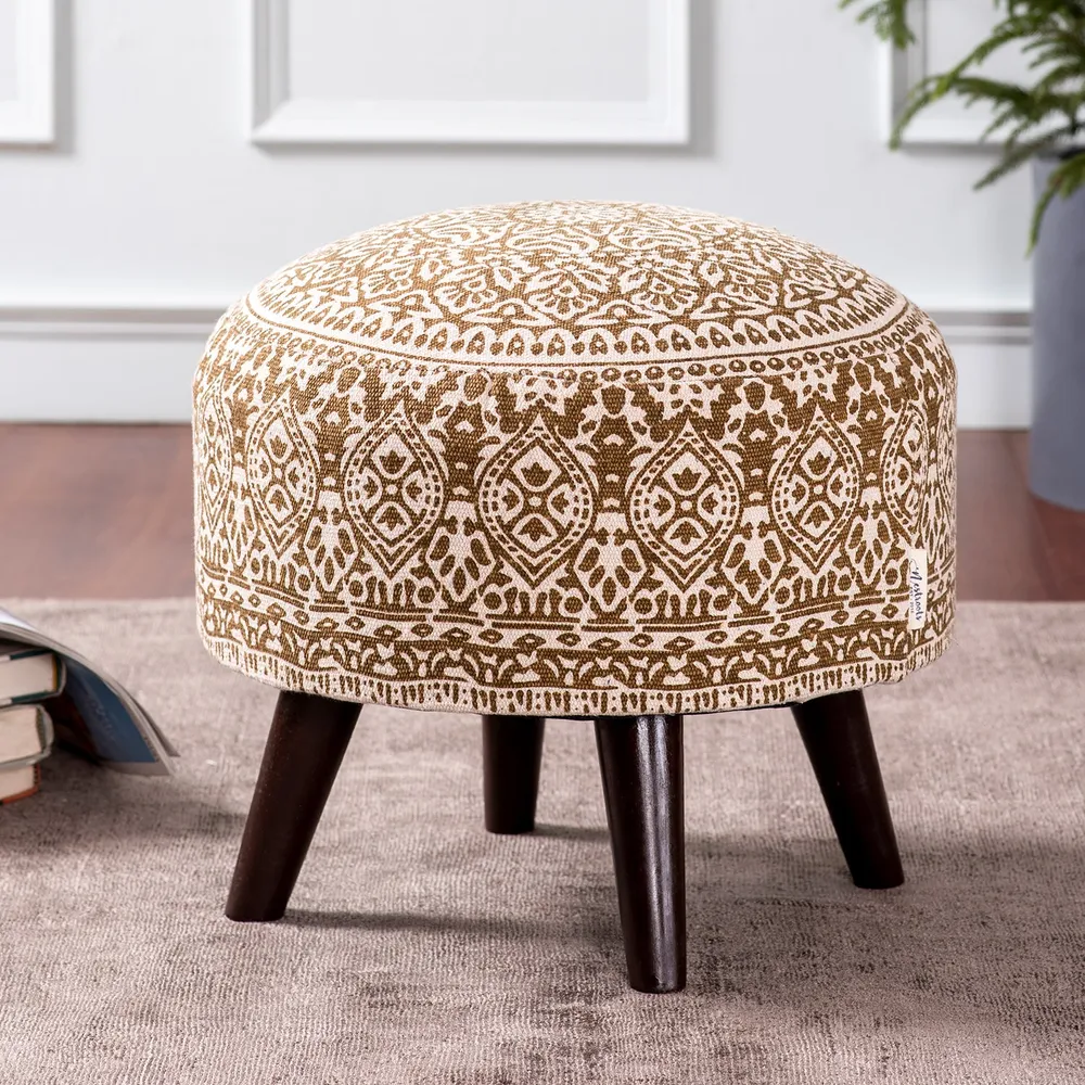 Light Brown Ethnic Print Round Upholstered Ottoman Wood Stool