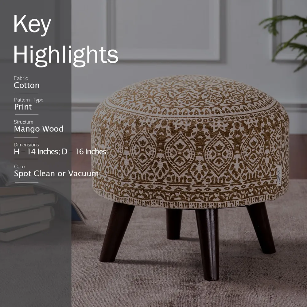 Light Brown Ethnic Print Round Upholstered Ottoman Wood Stool