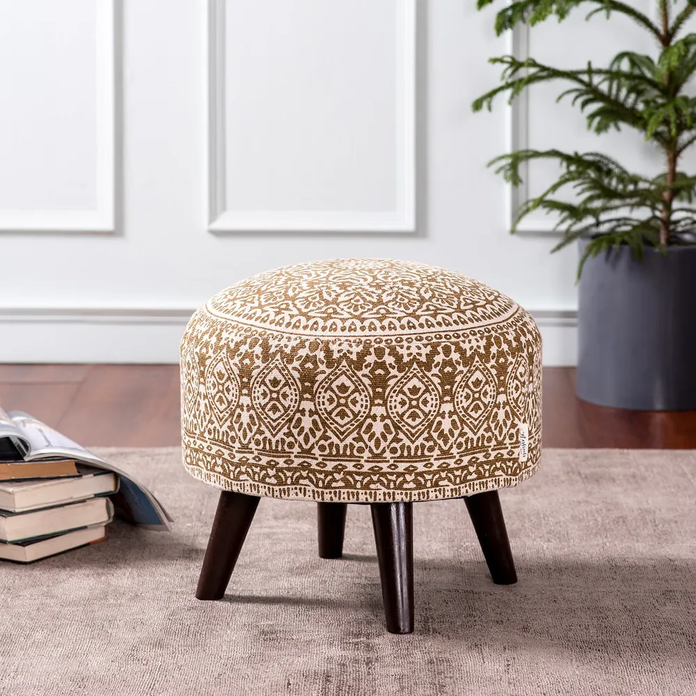 Light Brown Ethnic Print Round Upholstered Ottoman Wood Stool