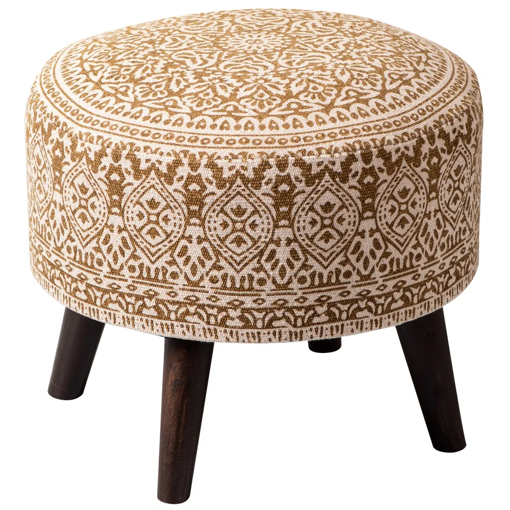 Light Brown Ethnic Print Round Upholstered Ottoman Wood Stool