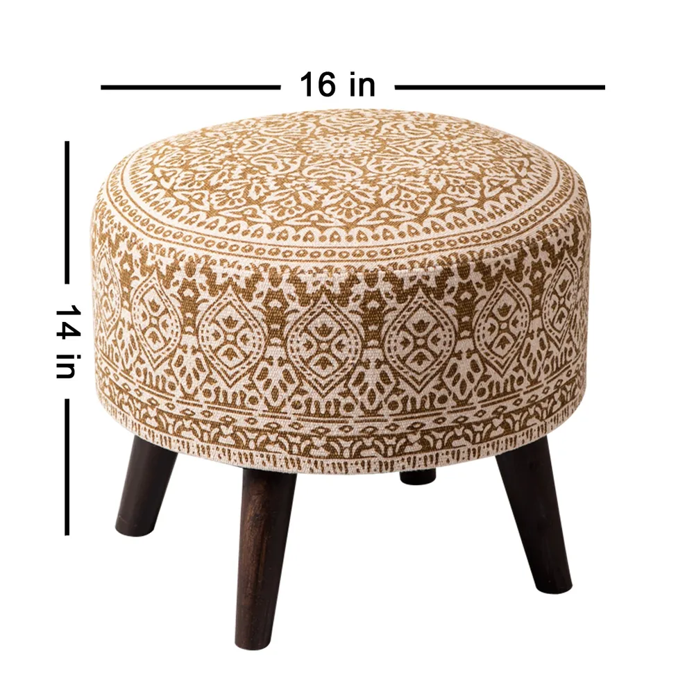 Light Brown Ethnic Print Round Upholstered Ottoman Wood Stool