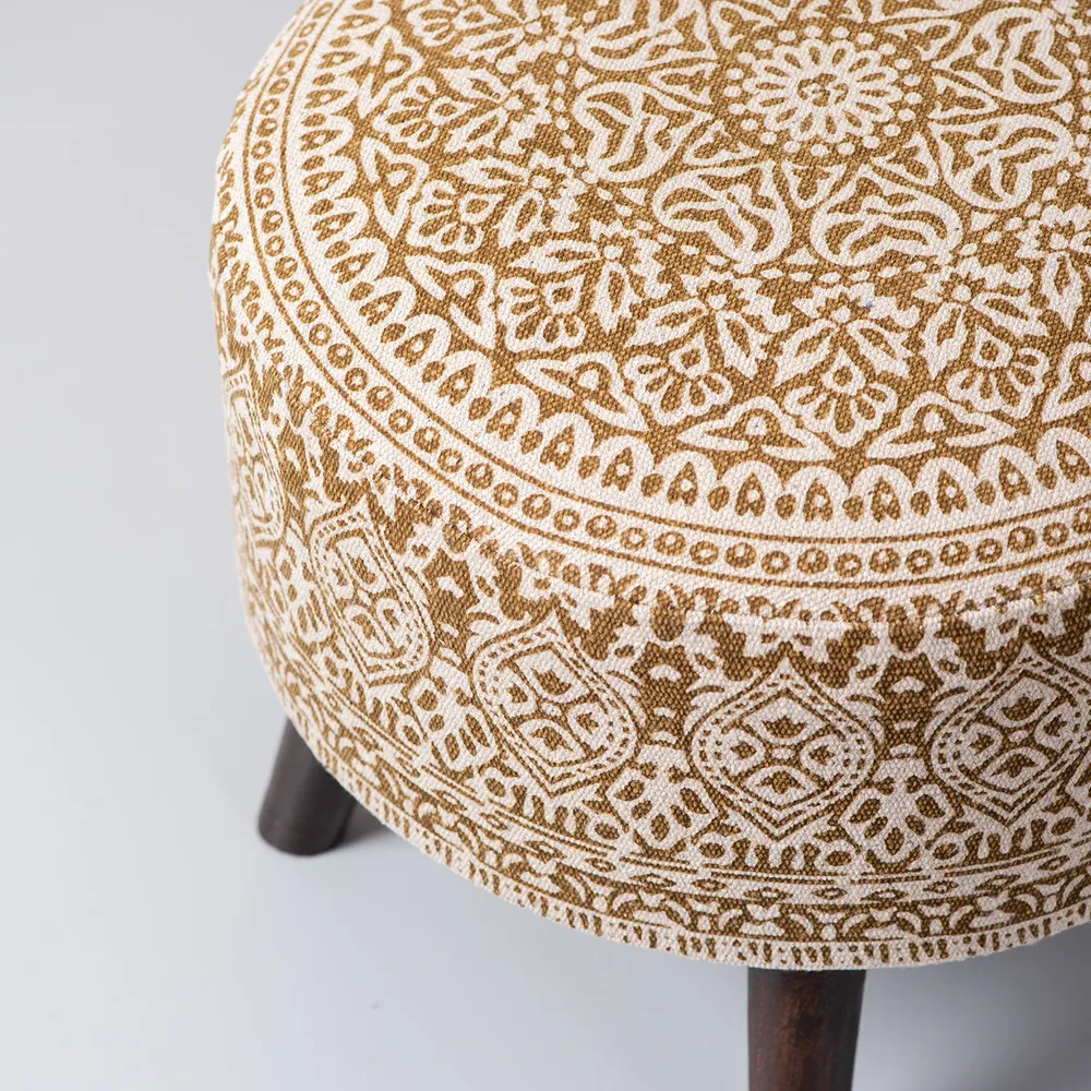 Light Brown Ethnic Print Round Upholstered Ottoman Wood Stool