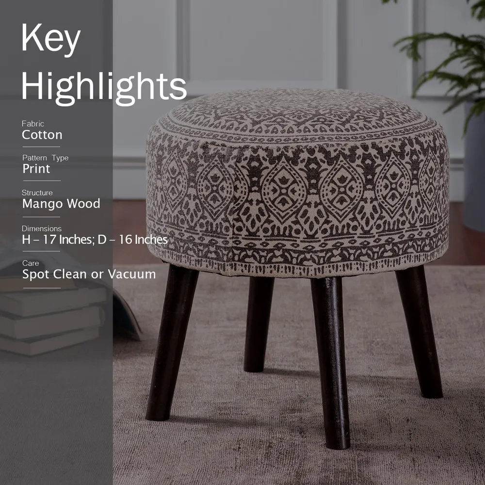 Light Brown Ethnic Print Round Upholstered Ottoman Wood Stool Set Of 2