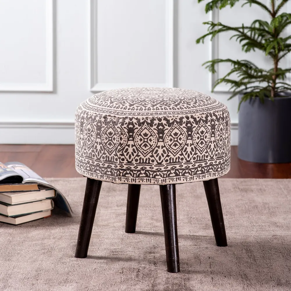 Light Brown Ethnic Print Round Upholstered Ottoman Wood Stool Set Of 2