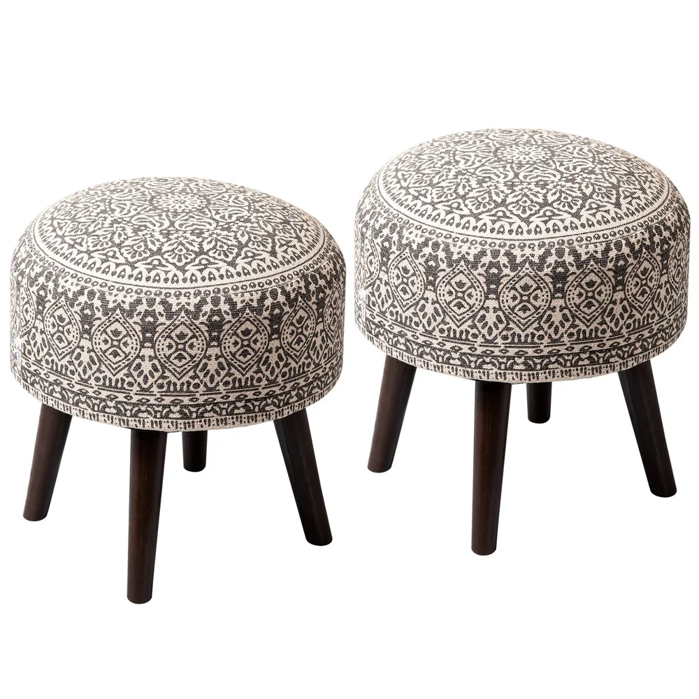 Light Brown Ethnic Print Round Upholstered Ottoman Wood Stool Set Of 2