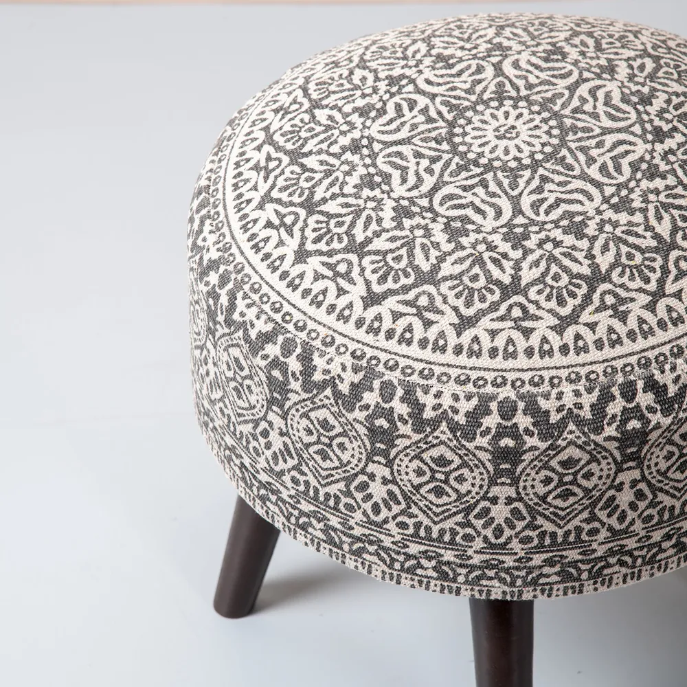 Light Brown Ethnic Print Round Upholstered Ottoman Wood Stool Set Of 2