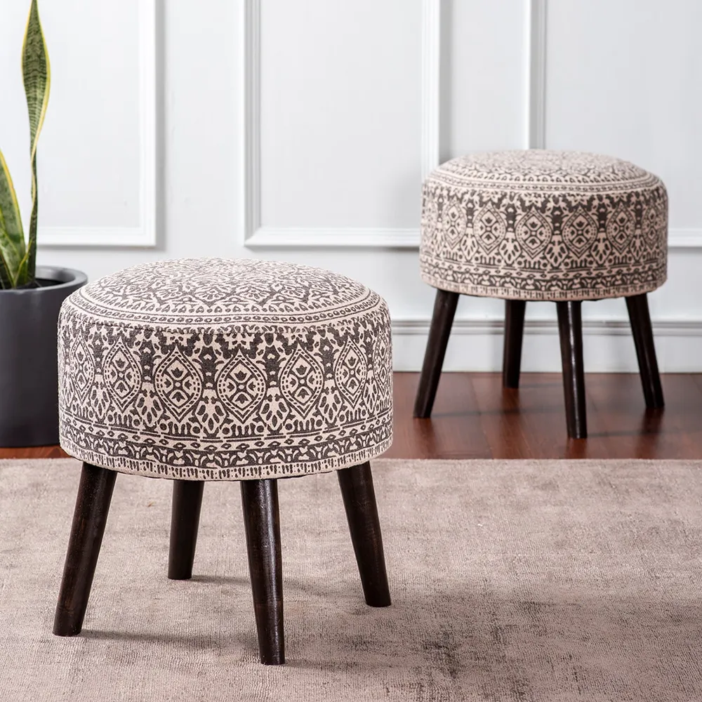 Light Brown Ethnic Print Round Upholstered Ottoman Wood Stool Set Of 2