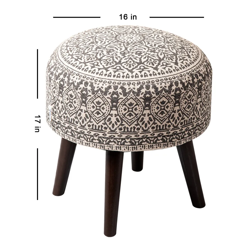Light Brown Ethnic Print Round Upholstered Ottoman Wood Stool Set Of 2