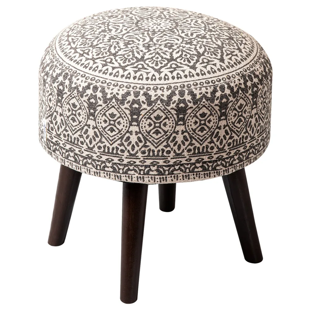 Light Brown Ethnic Print Round Upholstered Ottoman Wood Stool Set Of 2