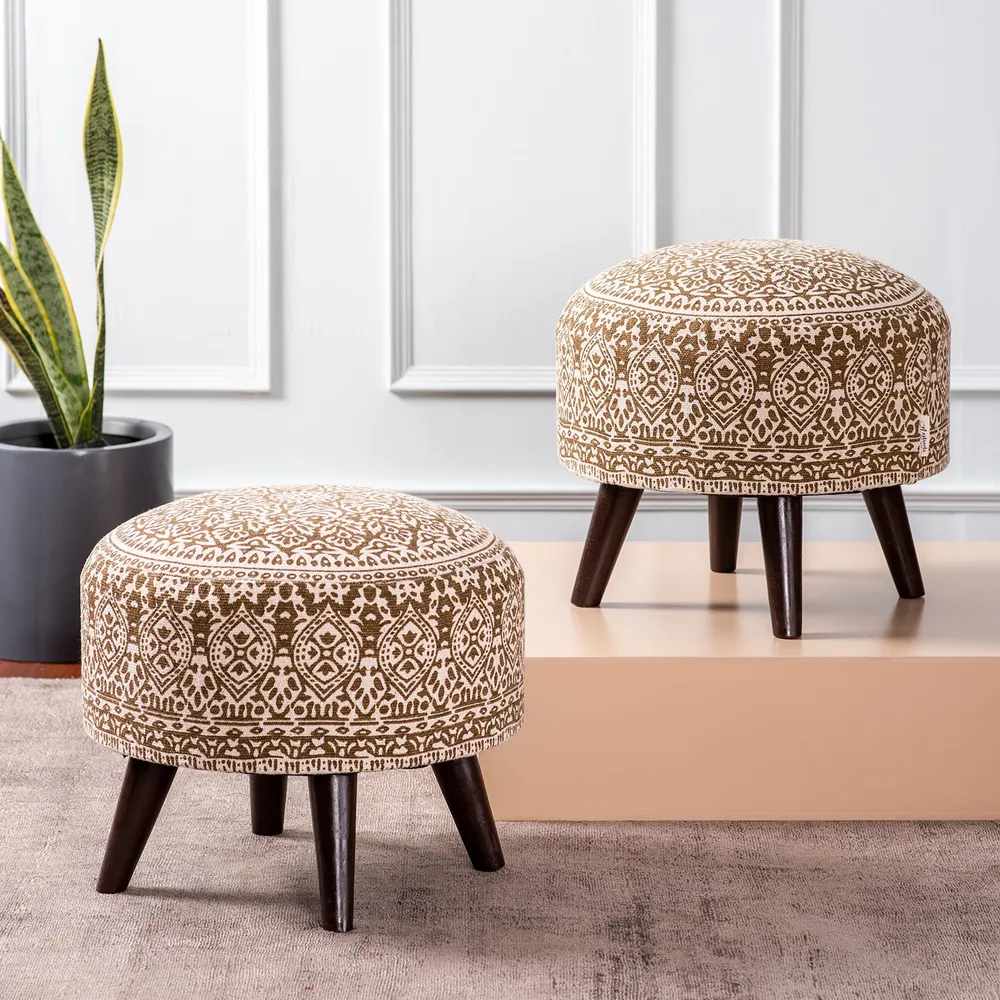 Light Brown Ethnic Print Round Upholstered Wood Stool Set Of 2